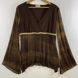 Womens Renaisssance Fairy Babydoll Top Sz L Brown Whimsigoth Sheer Mesh Ombre